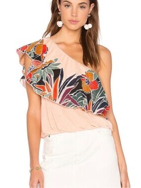 Never worn Free People One-Shoulder Peach Top with Multicolor Floral Ruffle